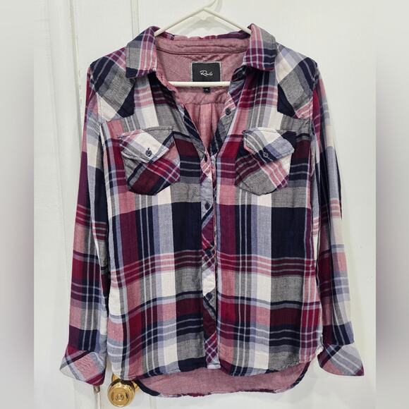 RAILS Kendra Tencel Button-Down Shirt in Navy and Burgundy Plaid Size XS - Picture 1 of 7